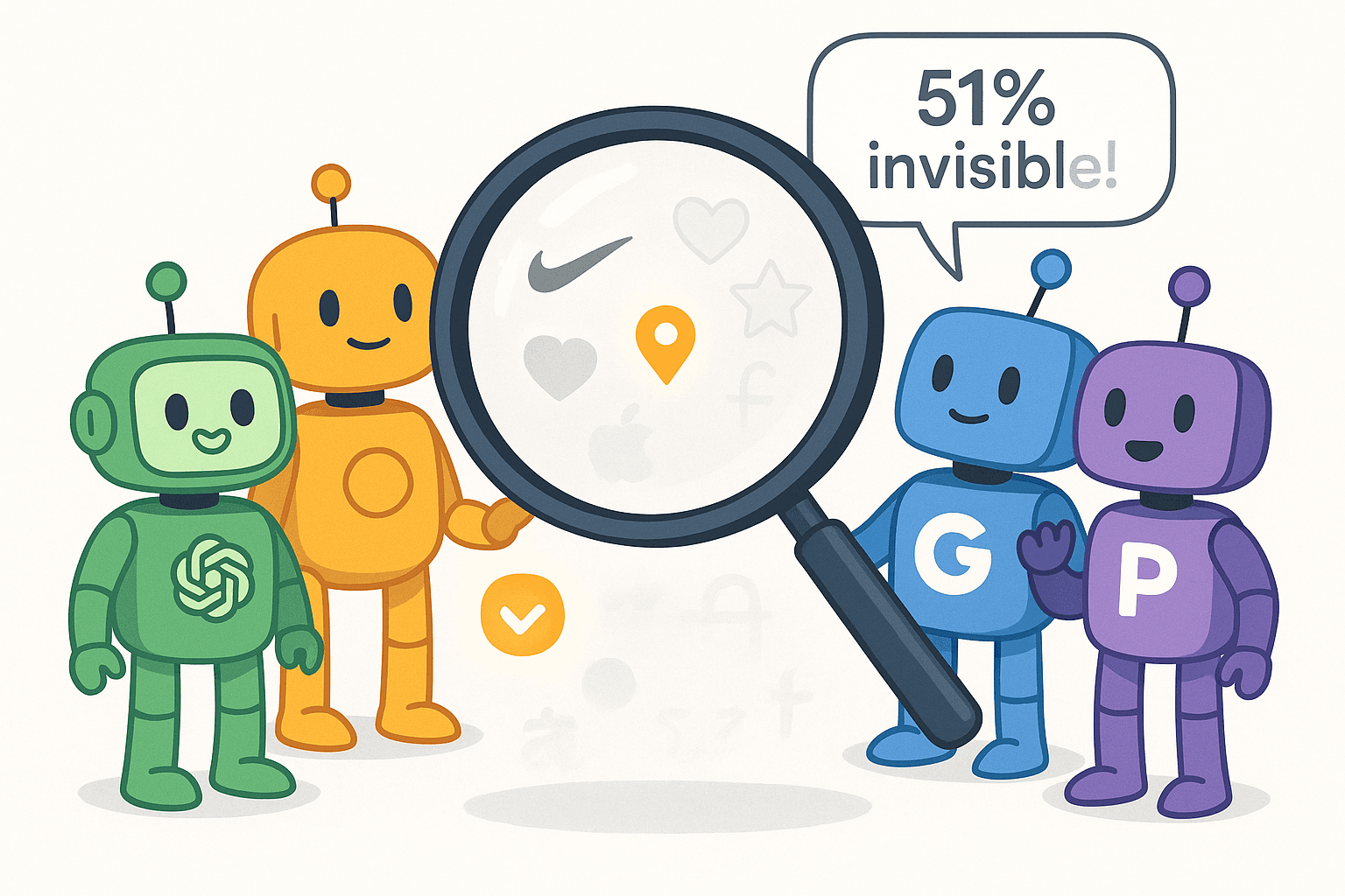AI Brand Audit - Four AI robots analyzing brand visibility
