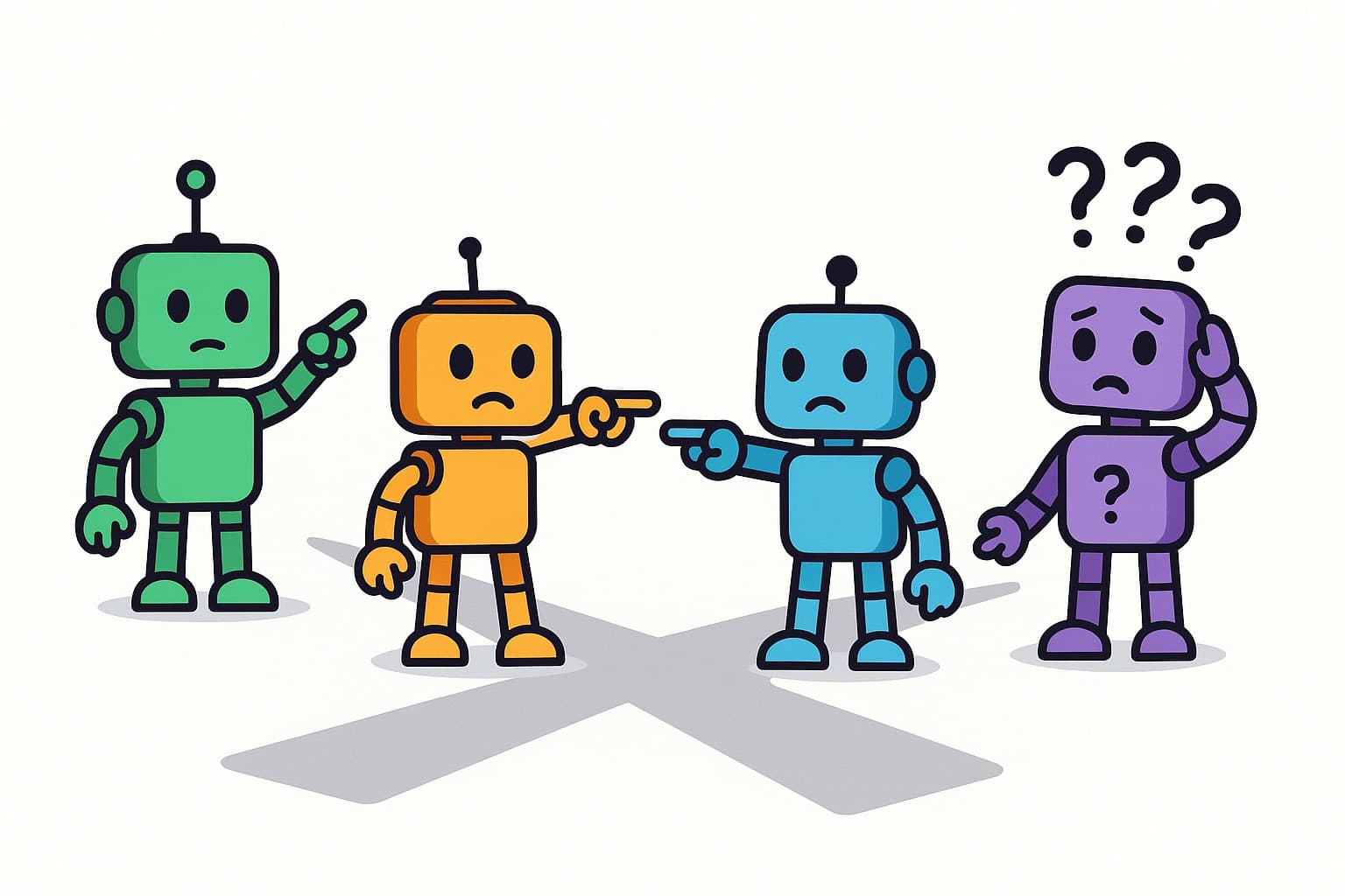 Four AI engines diverging in different directions — representing disagreement on brand recommendations