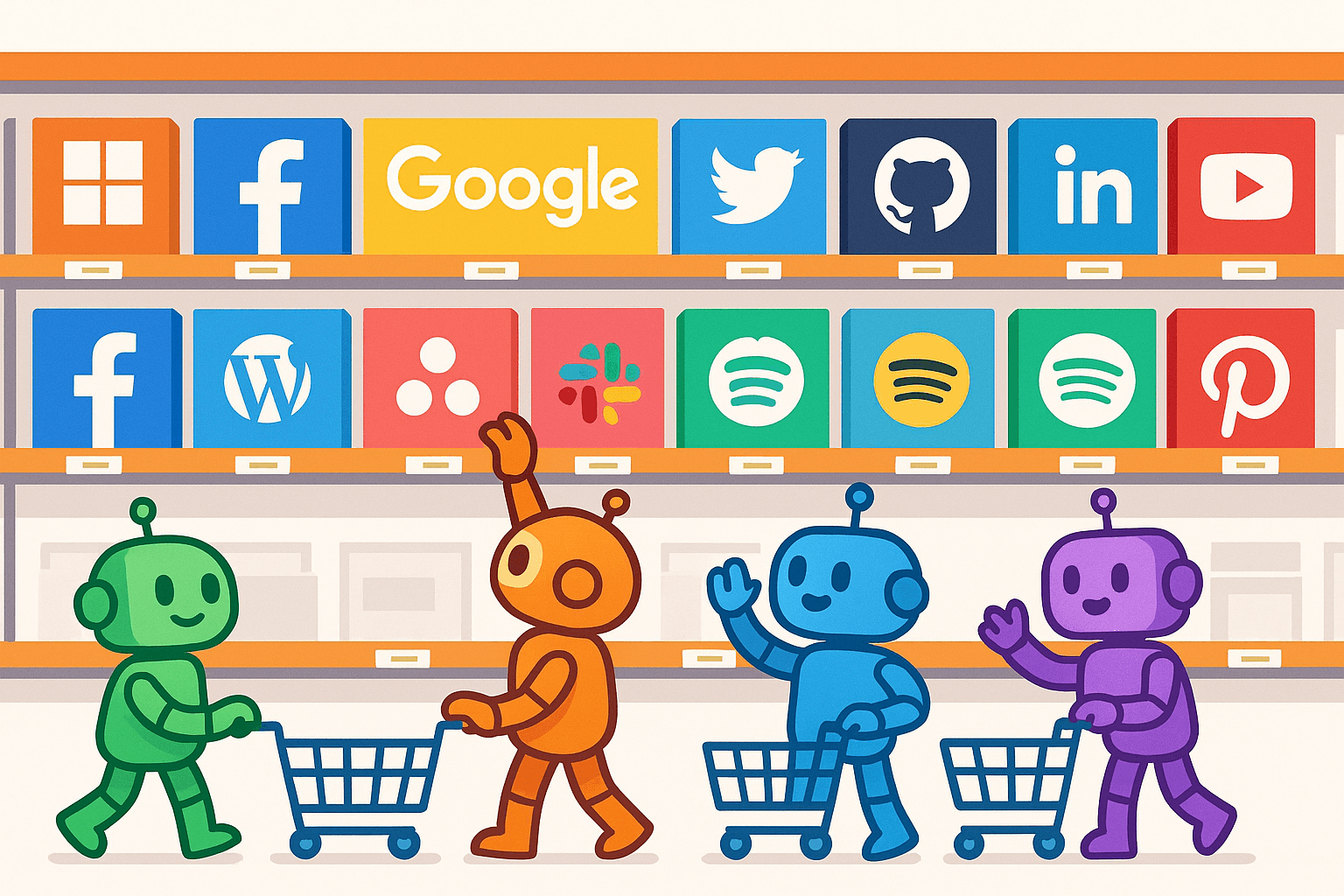 Cartoon robots shopping in a supermarket aisle where brands are the products