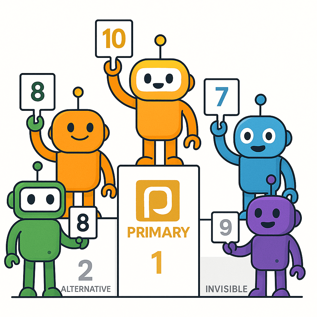 Brand podium with PRIMARY, ALTERNATIVE, and INVISIBLE positions judged by AI robots
