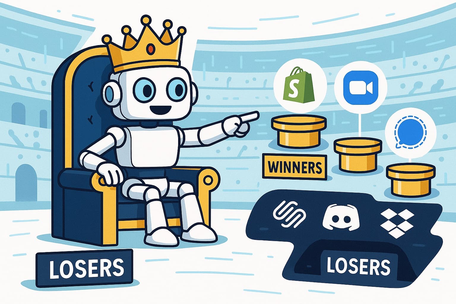 AI robot wearing a crown in a digital arena, pointing at winning brand logos on golden pedestals while pushing losing brands to dark corners