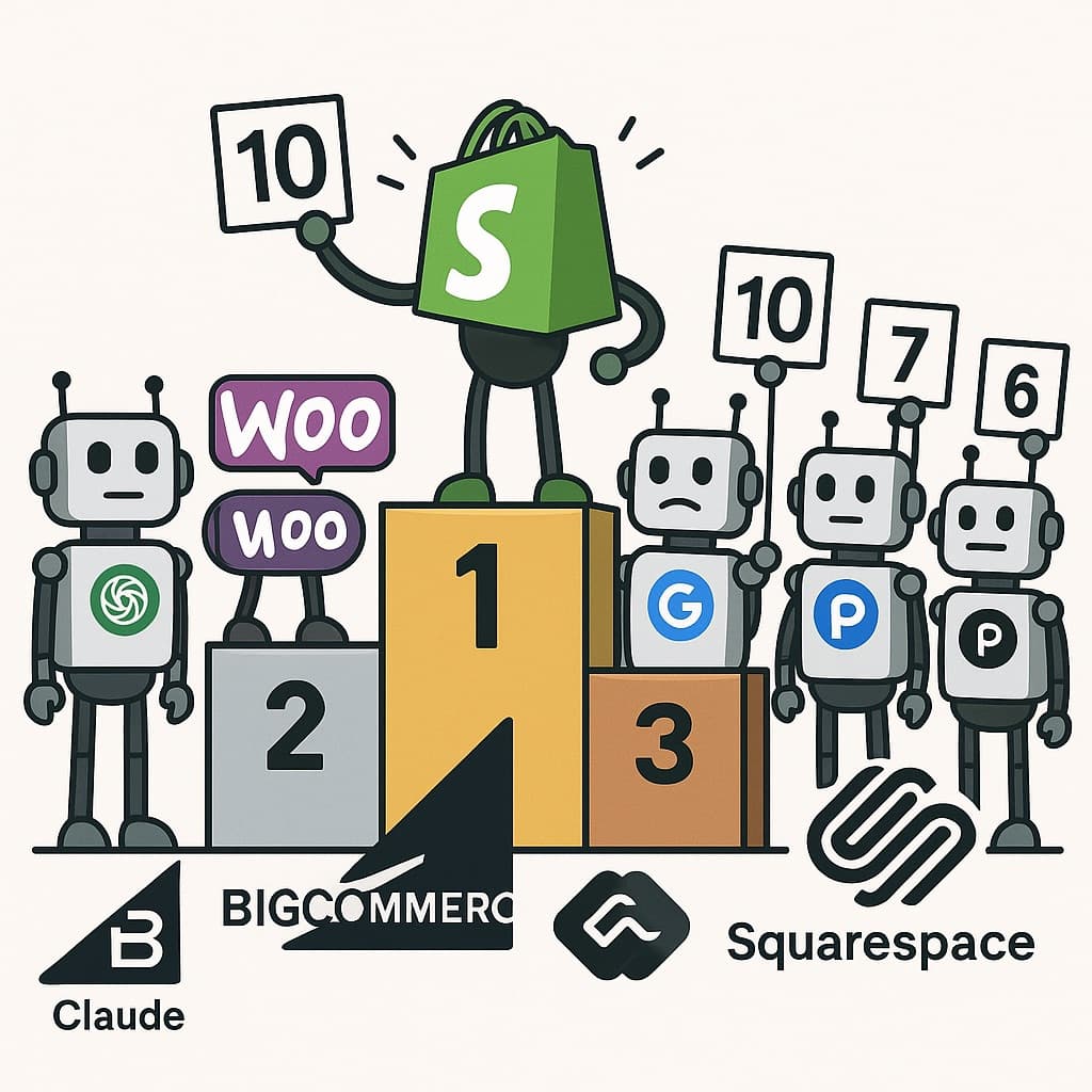 Shopify logo standing triumphantly on the highest gold medal platform while WooCommerce, BigCommerce, and Squarespace logos are on lower platforms, with AI robot judges giving perfect scores to Shopify