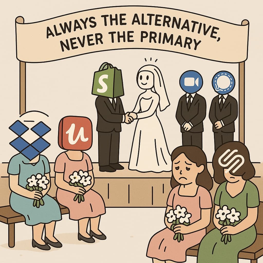 Cartoon scene of famous brand logos dressed as bridesmaids watching other brands get married to AI success while they remain eternal alternatives