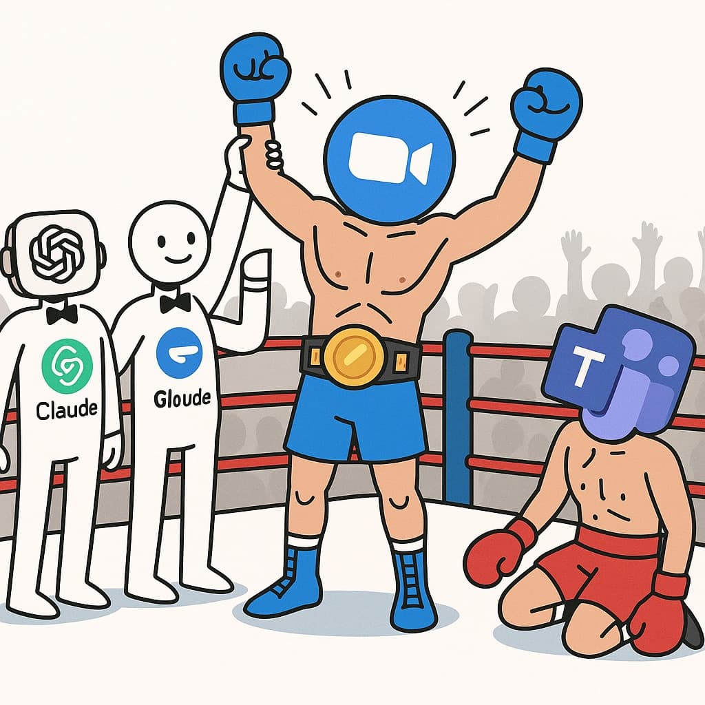 Cartoon boxing ring where Zoom logo is a victorious champion boxer while Microsoft Teams logo is defeated, with AI robot referees declaring Zoom the winner