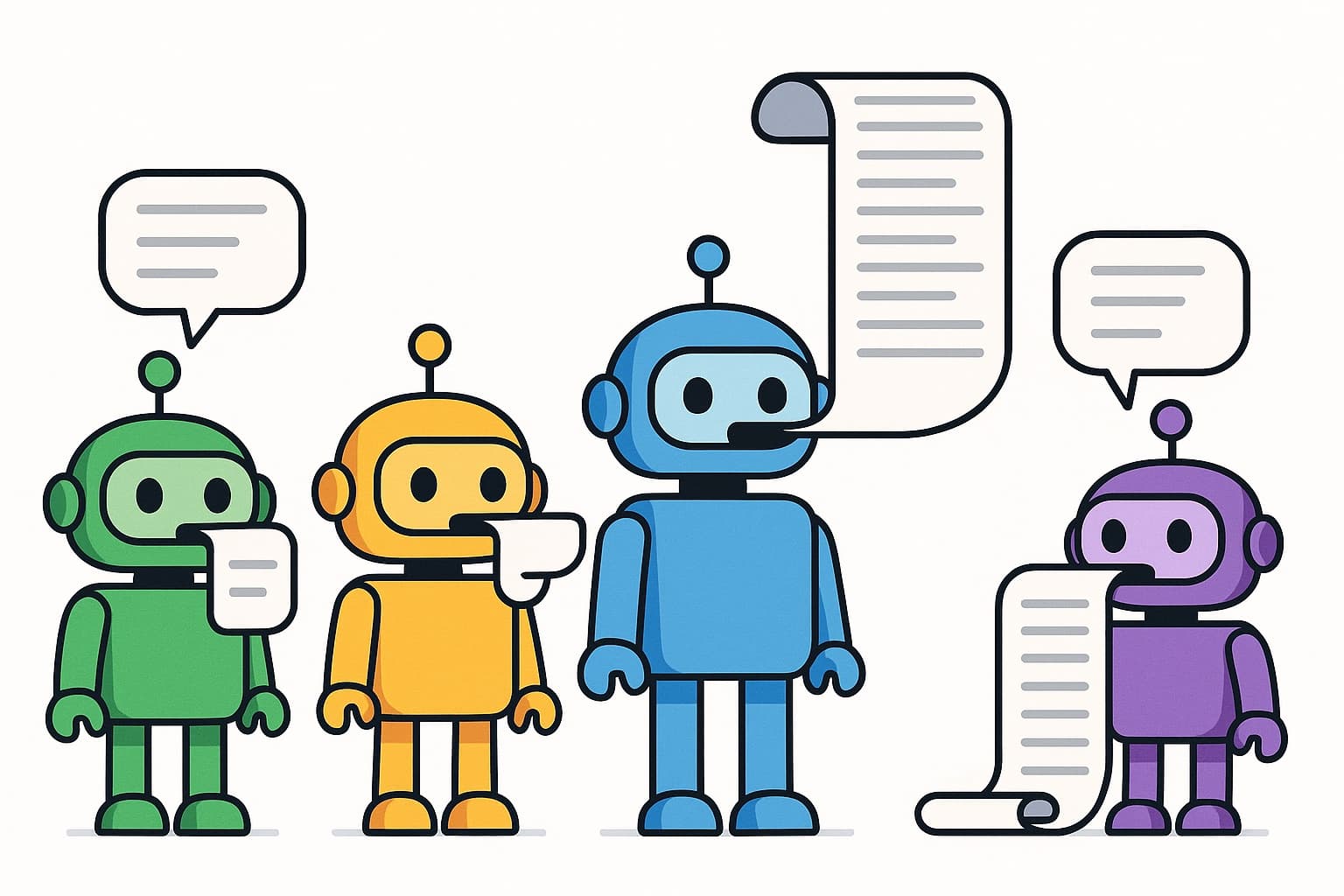 Four AI engines with different response lengths illustrated as robots with scrolls