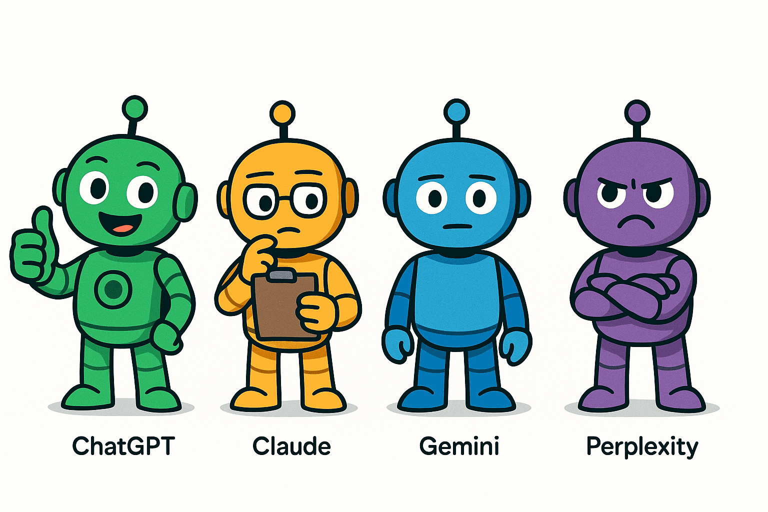 Four AI robots showing different emotional reactions - ChatGPT happy, Claude analytical, Gemini neutral, Perplexity angry