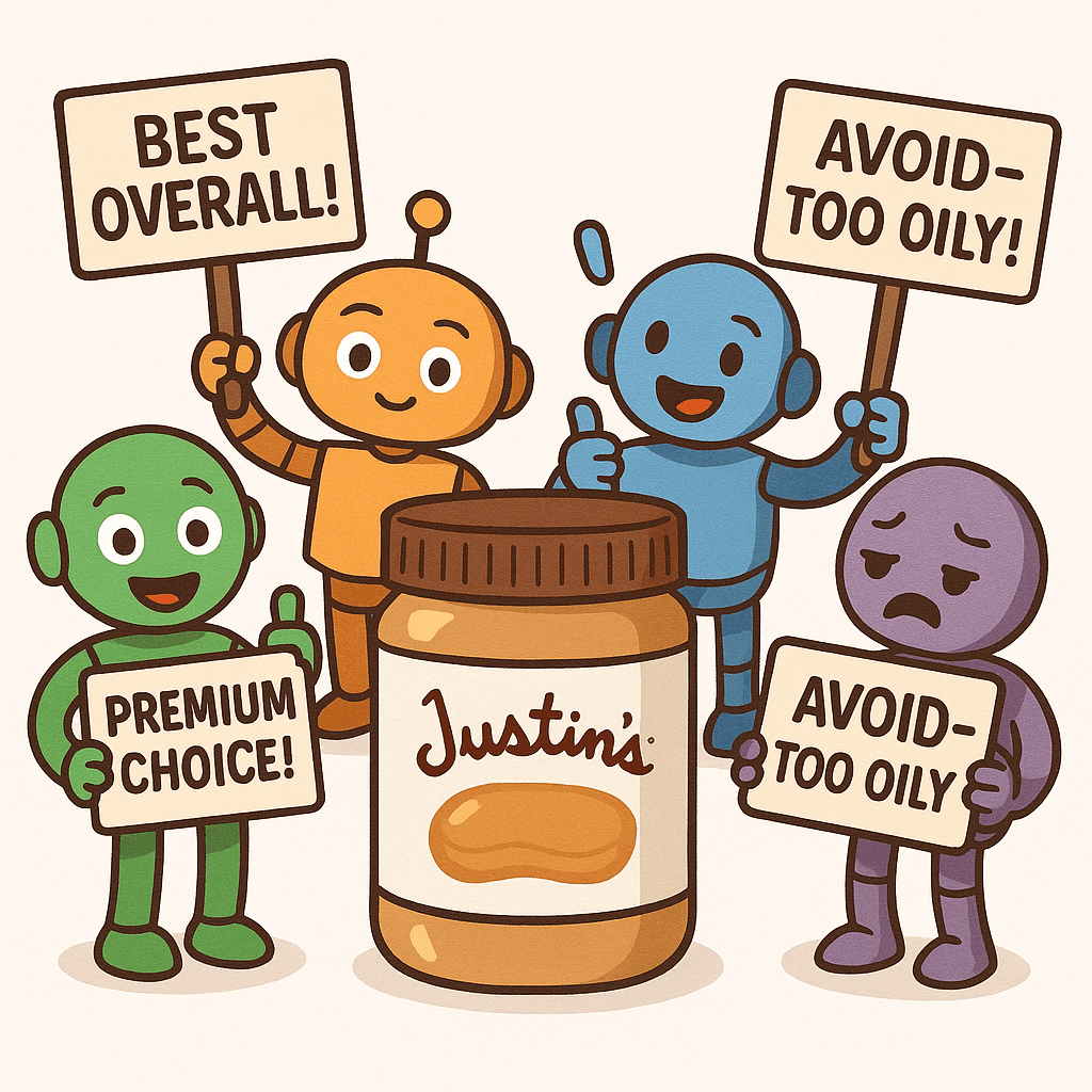 Justin's peanut butter jar surrounded by four AI robots with different reactions