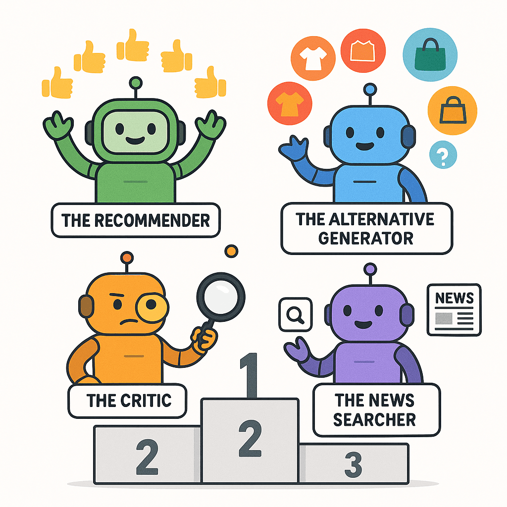 Four AI robot personalities showing their different recommendation approaches