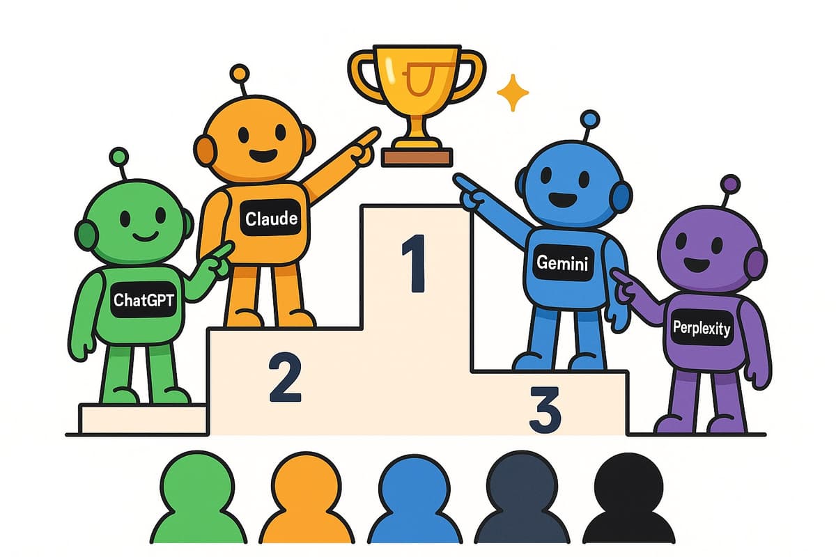 AI robots pointing at #1 brand on podium