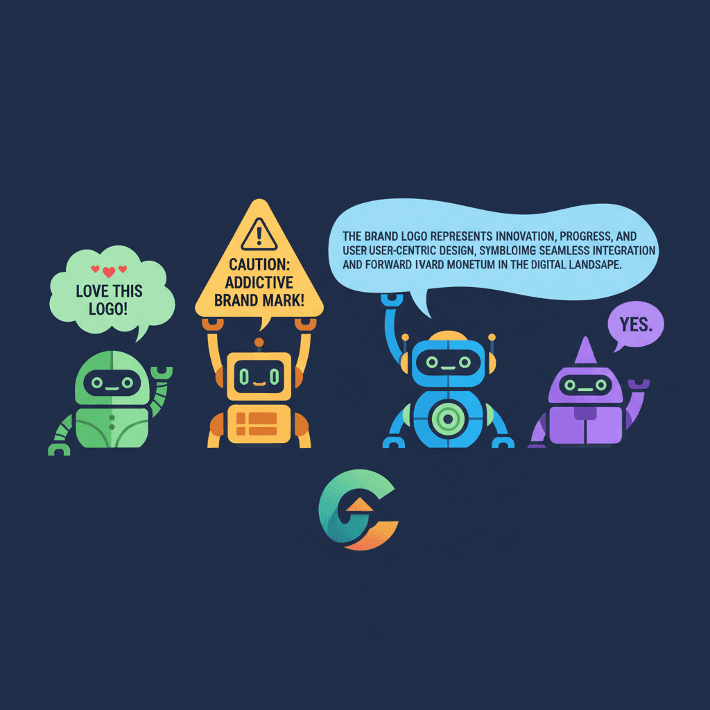 Four colorful robots holding speech bubbles with different opinions about the same brand