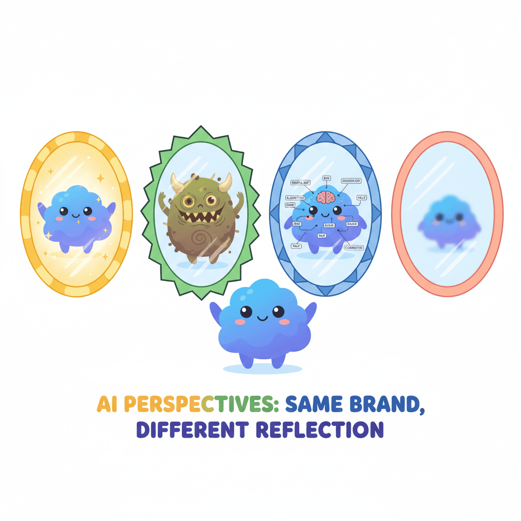 A brand mascot looking into four different mirrors, each showing a different reflection