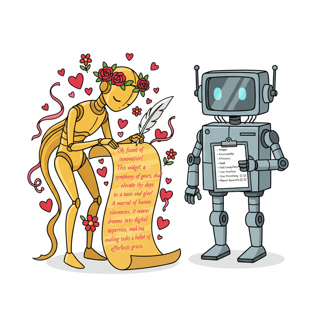 A robot poet writing on a scroll with flowery language while another robot writes a bullet-point list