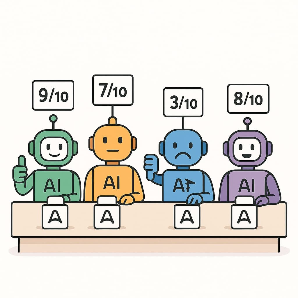 Four AI robots holding different scorecards for the same brand, showing how engines disagree