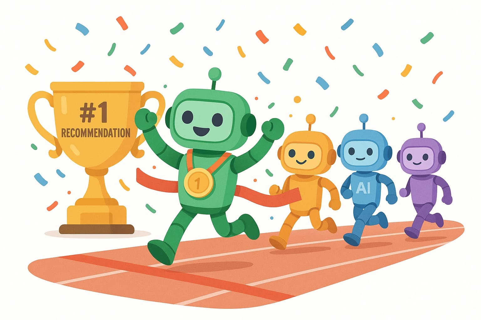 Four colorful AI robots in a recommendation race — one wearing a gold medal at the finish line