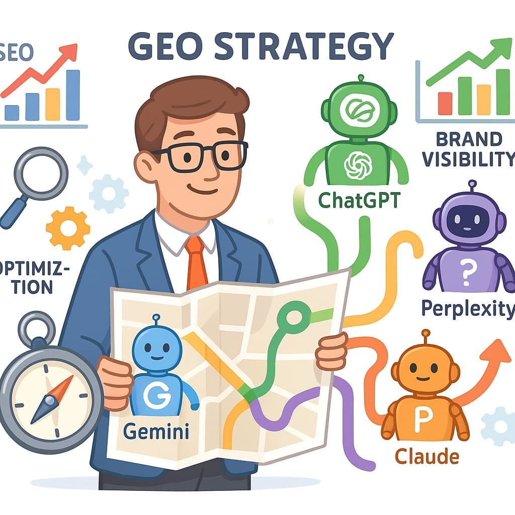 Strategic GEO optimization illustration with AI engines and optimization elements