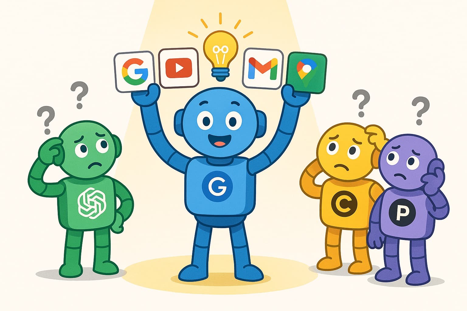 Gemini AI robot confidently recommending brands while other AI engines look confused