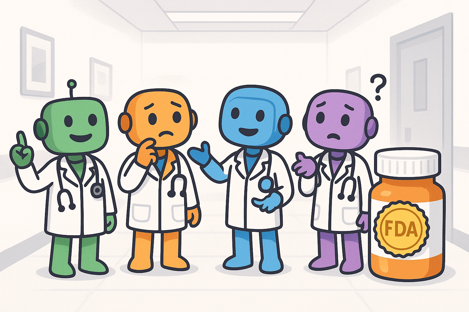 Four AI robots dressed as doctors with stethoscopes, looking confused while an FDA-approved pill bottle sits ignored to the side