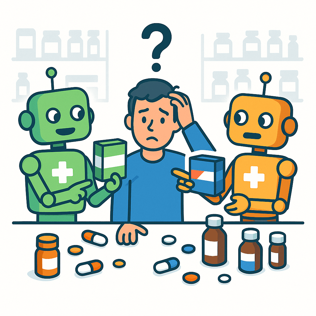 Two robot pharmacists recommending different medicine brands to a confused customer