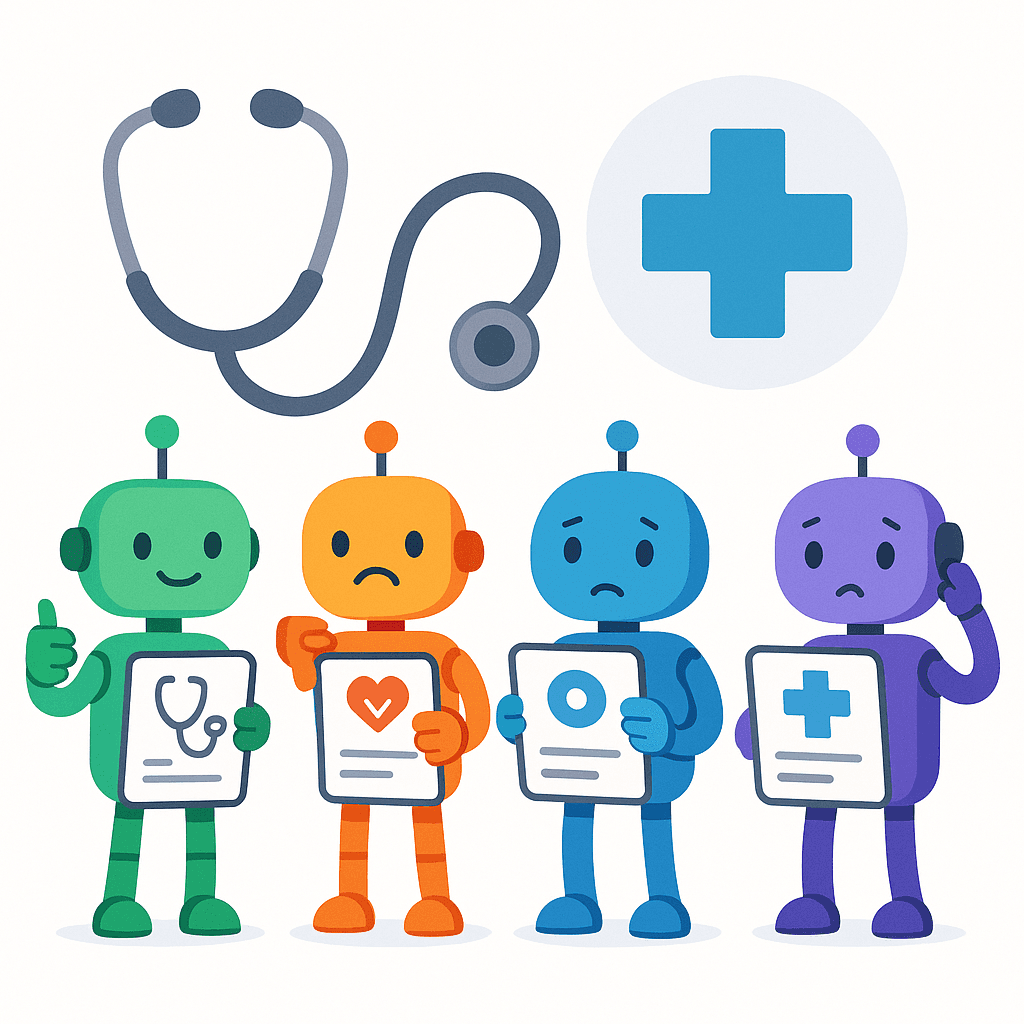 Four colorful robots examining different medical charts with mixed reactions