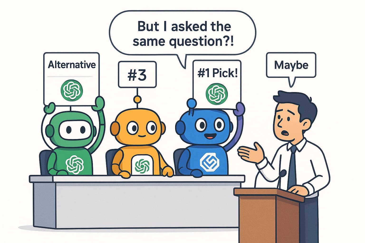 Four AI robots as judges holding different score cards for the same brand — illustrating how each AI engine recommends brands differently