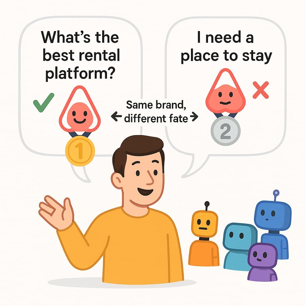 A/B test showing the same person asking two different questions — 'best rental platform' gets Airbnb a gold medal, while 'I need a place to stay' pushes it to silver