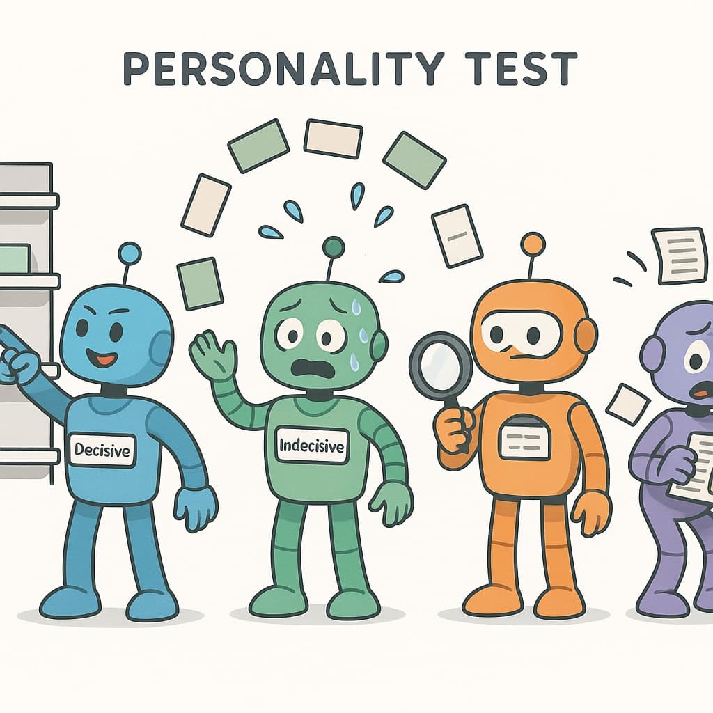 Four AI robots with distinct personalities — Gemini points decisively at one option, ChatGPT juggles seven alternatives nervously, Claude examines with a magnifying glass, Perplexity searches through papers