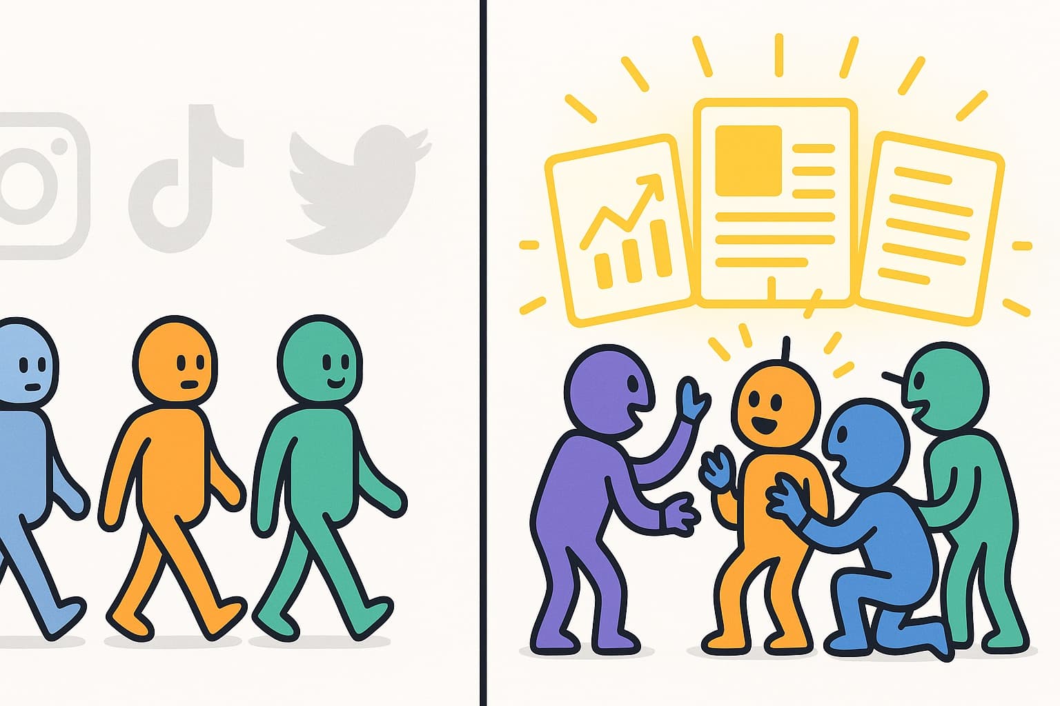 Social media icons fading into darkness while SEO blog and documentation icons glow brightly — illustrating what AI actually cites