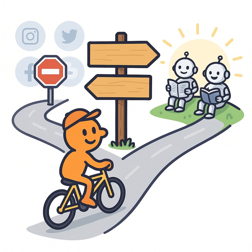 Arrow redirecting from social media icons toward blog content and documentation — representing the strategy shift needed