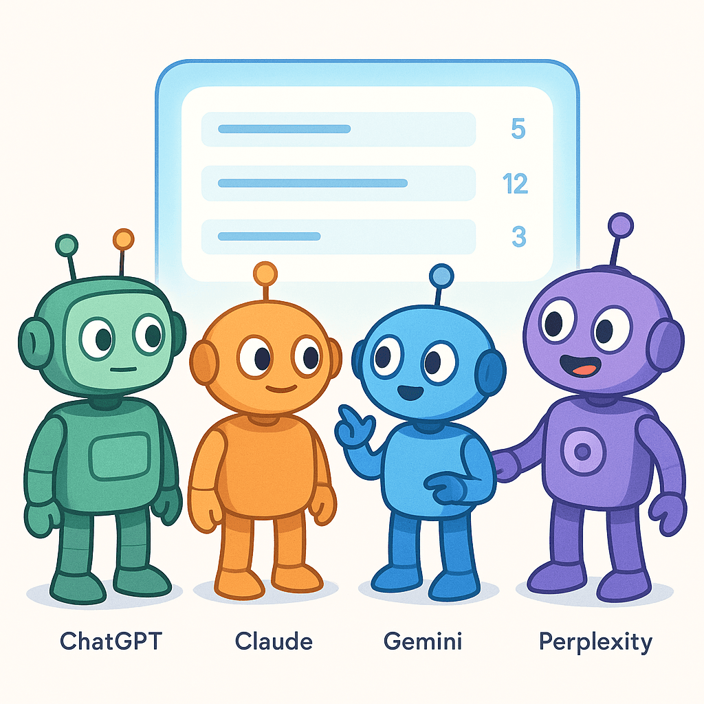 Four AI robots analyzing website citations and trust signals