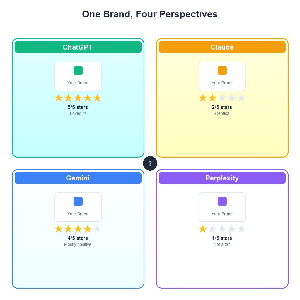 A brand being viewed through four different colored lenses, each showing a different star rating, representing how AI engines perceive brands differently