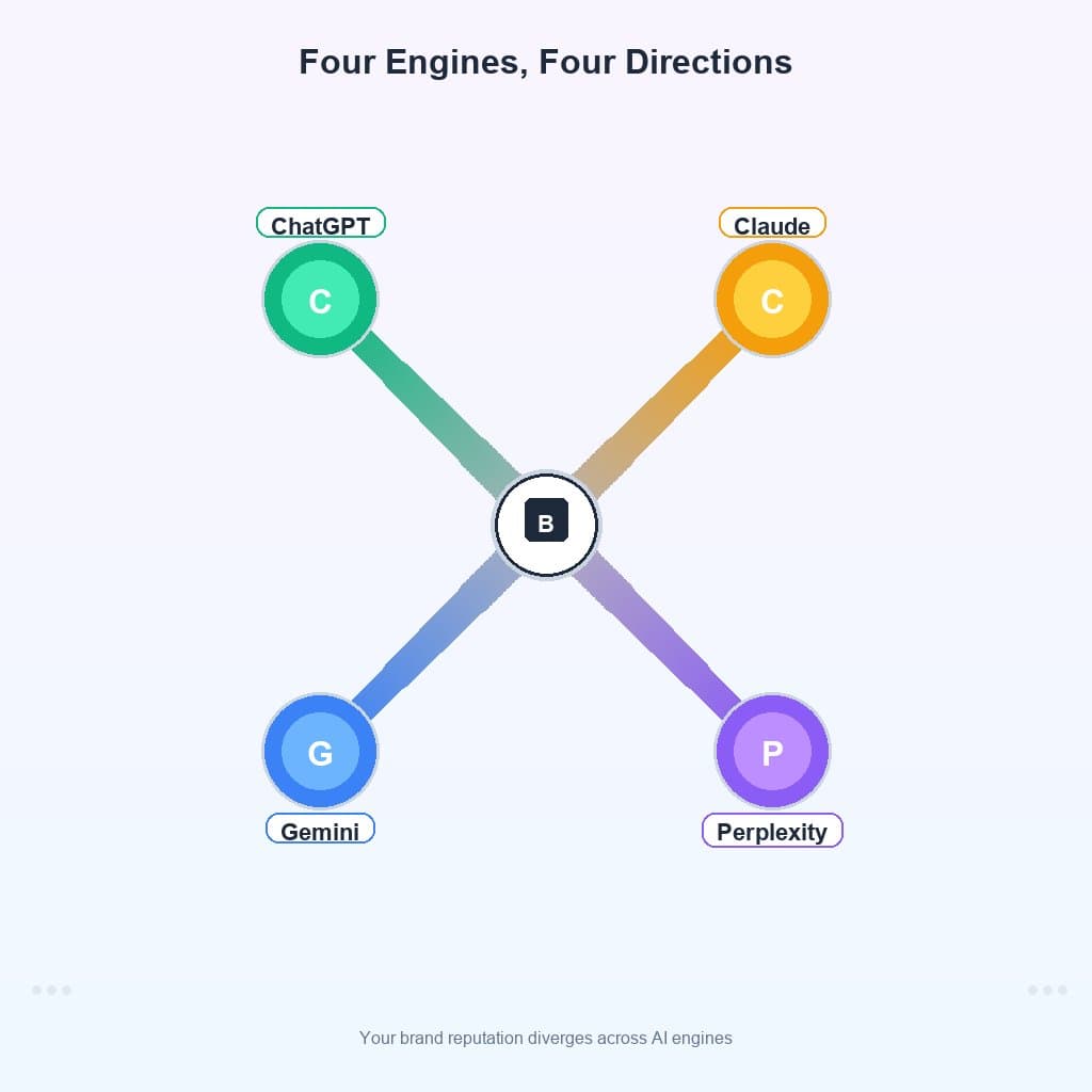 A marketer standing at a crossroads with four colored paths leading to different AI engines, illustrating the multi-engine optimization decision