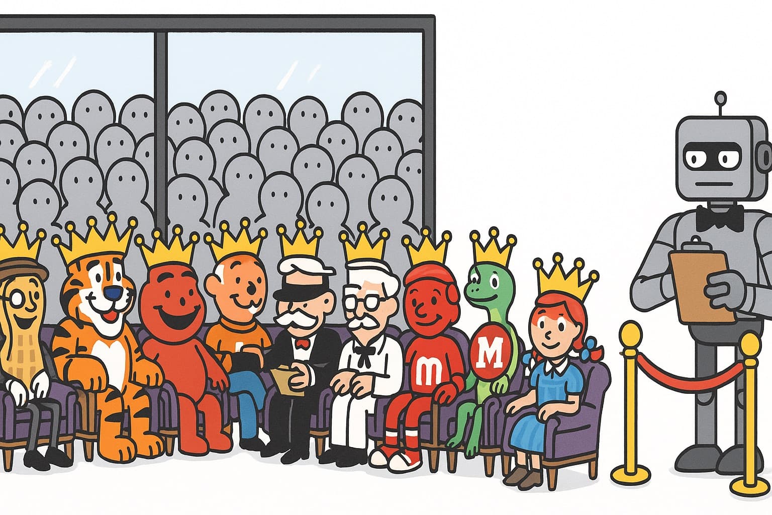 Zoom logo on a throne with a crown, other brands bowing while robot judges approve