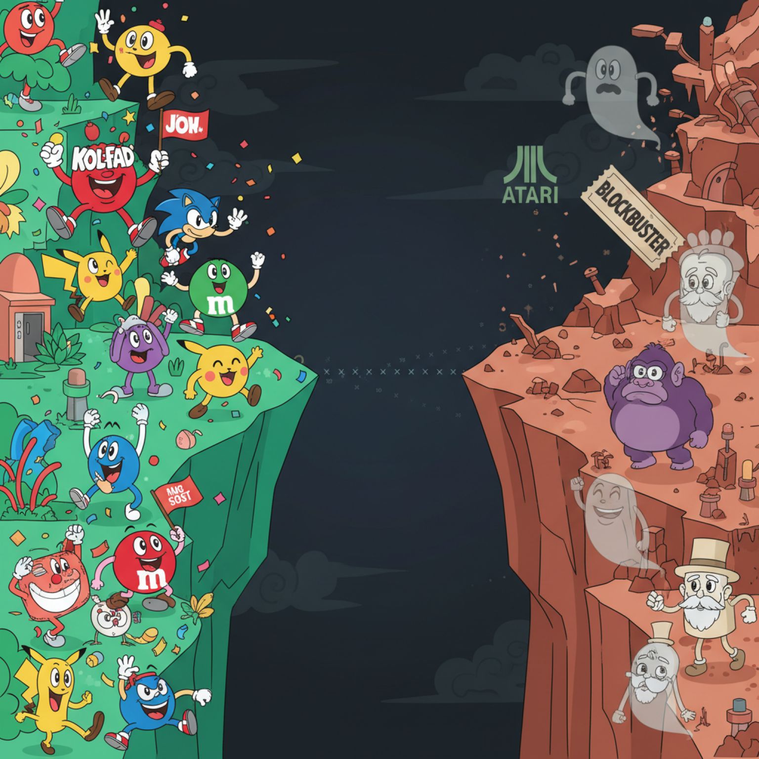Illustration showing a massive canyon between thriving and dead industries