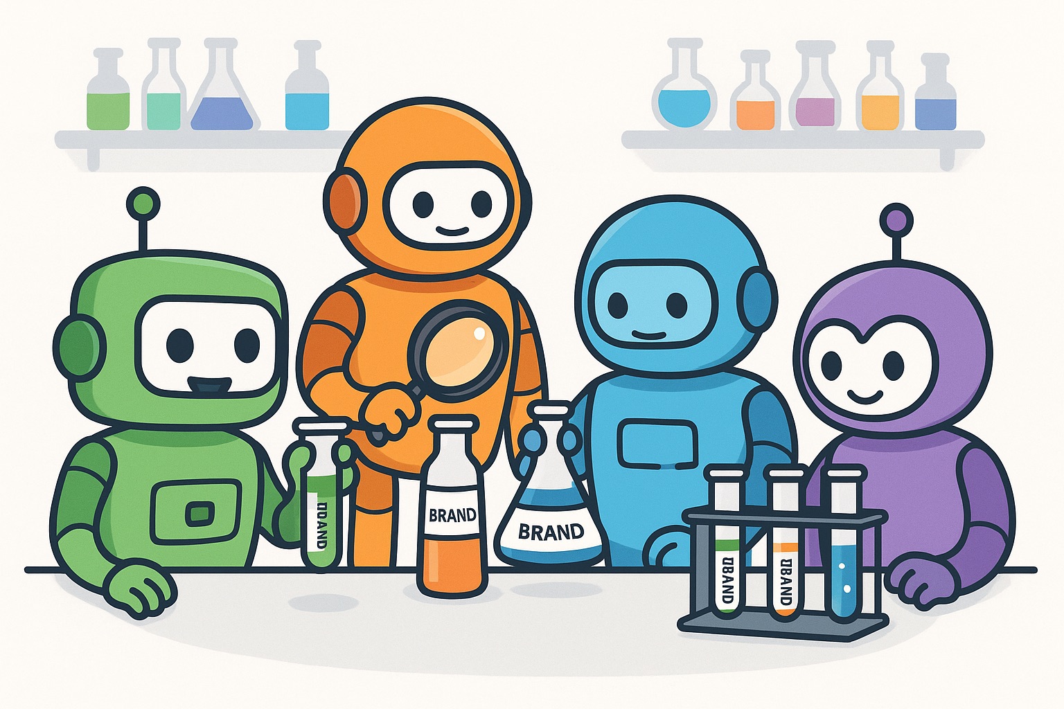 Four AI robots in a lab examining test tubes with brand labels