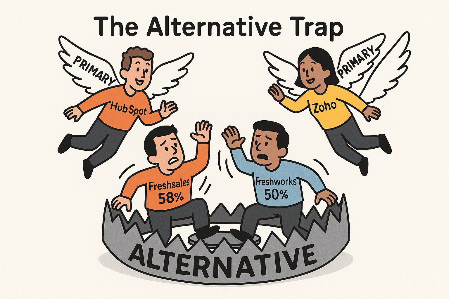 Cartoon: Freshsales and Freshworks stuck in an Alternative trap while HubSpot and Zoho fly freely with PRIMARY wings