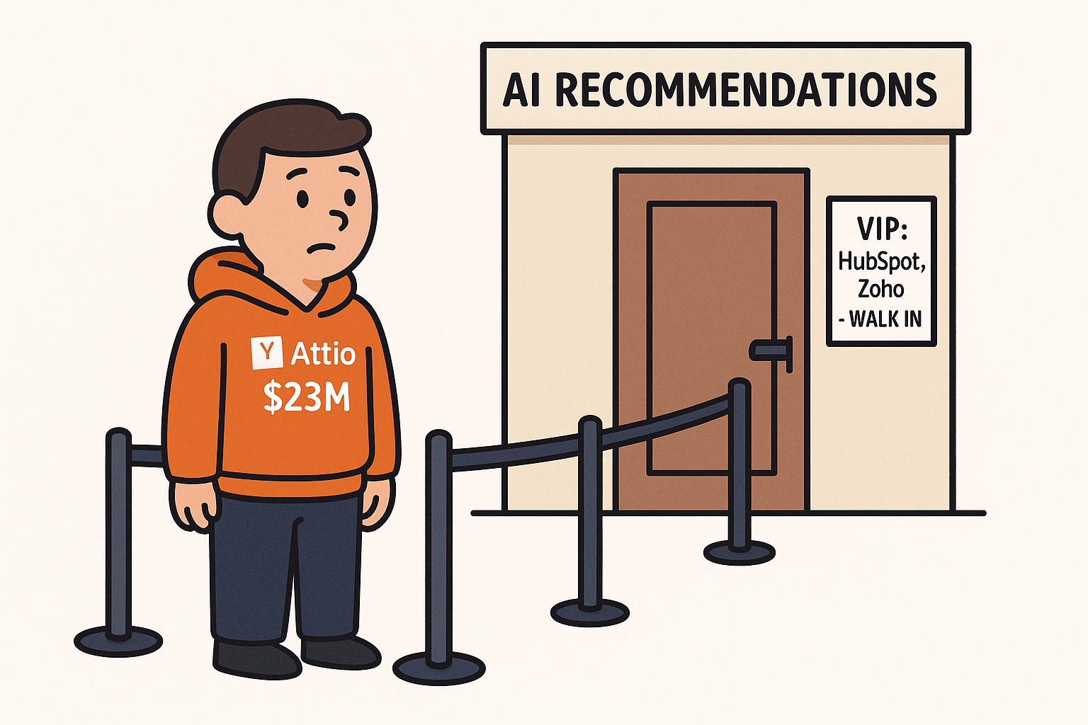 Cartoon: Attio wearing a Y Combinator hoodie waiting in a queue outside AI Recommendations while HubSpot and Zoho walk right in as VIPs