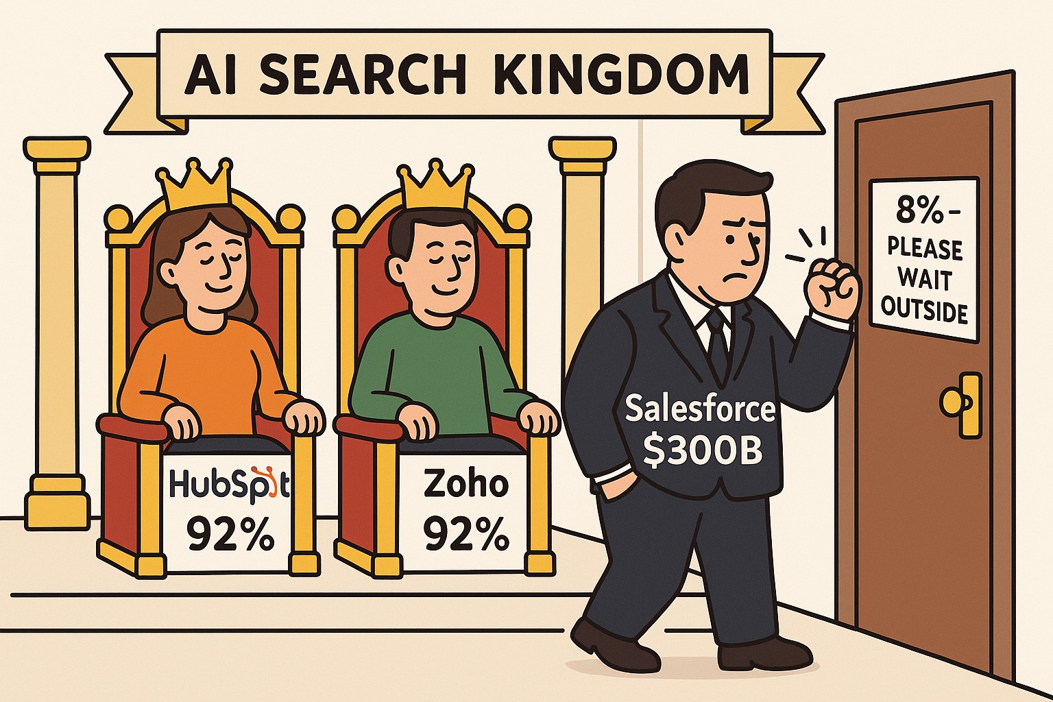Cartoon: HubSpot and Zoho sitting on AI Search thrones at 92% while Salesforce in an expensive suit knocks on the door at 8%