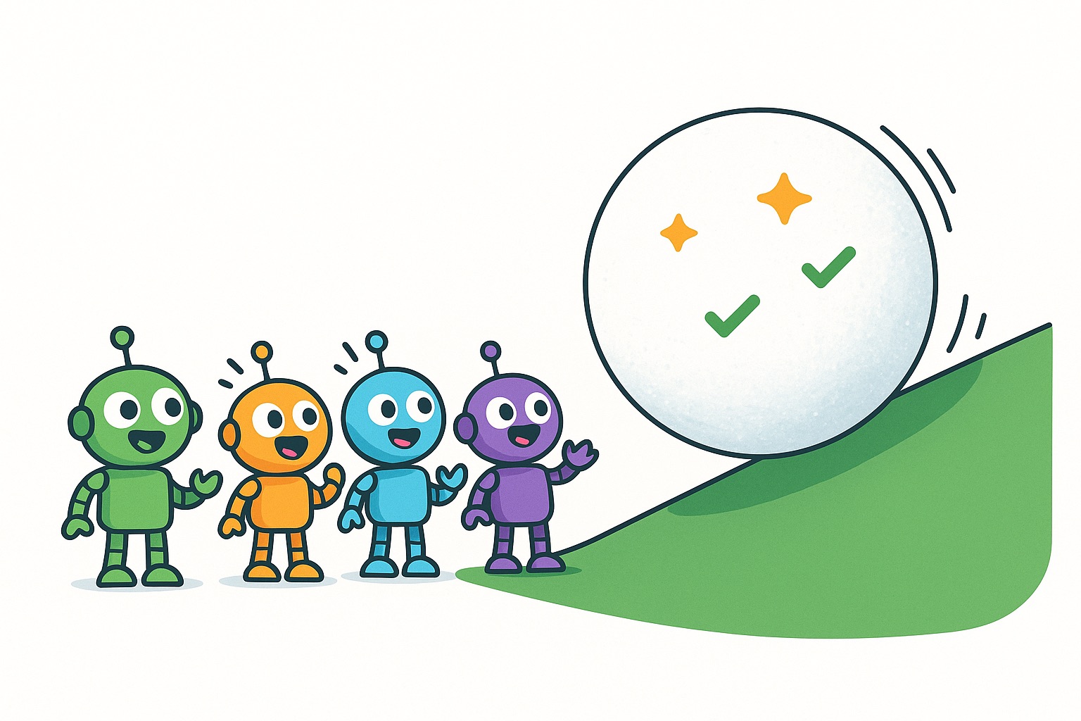 Snowball rolling downhill getting bigger while robots watch