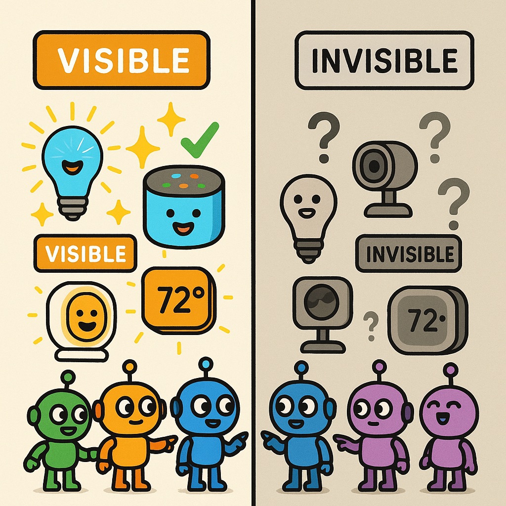 Split comparison showing visible versus invisible smart home brands in AI search
