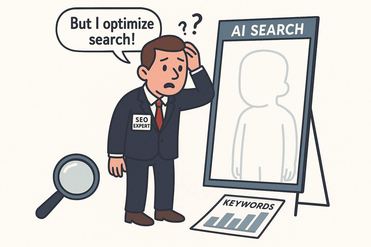 Cartoon: An SEO expert looking in an AI Search mirror but seeing nothing — the ultimate irony of search optimization tools being invisible to AI