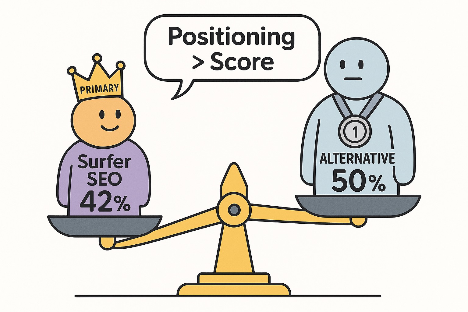 Cartoon: A balance scale showing Surfer SEO at 42% with a PRIMARY crown outweighing Moz at 50% with an ALTERNATIVE medal — positioning beats raw score